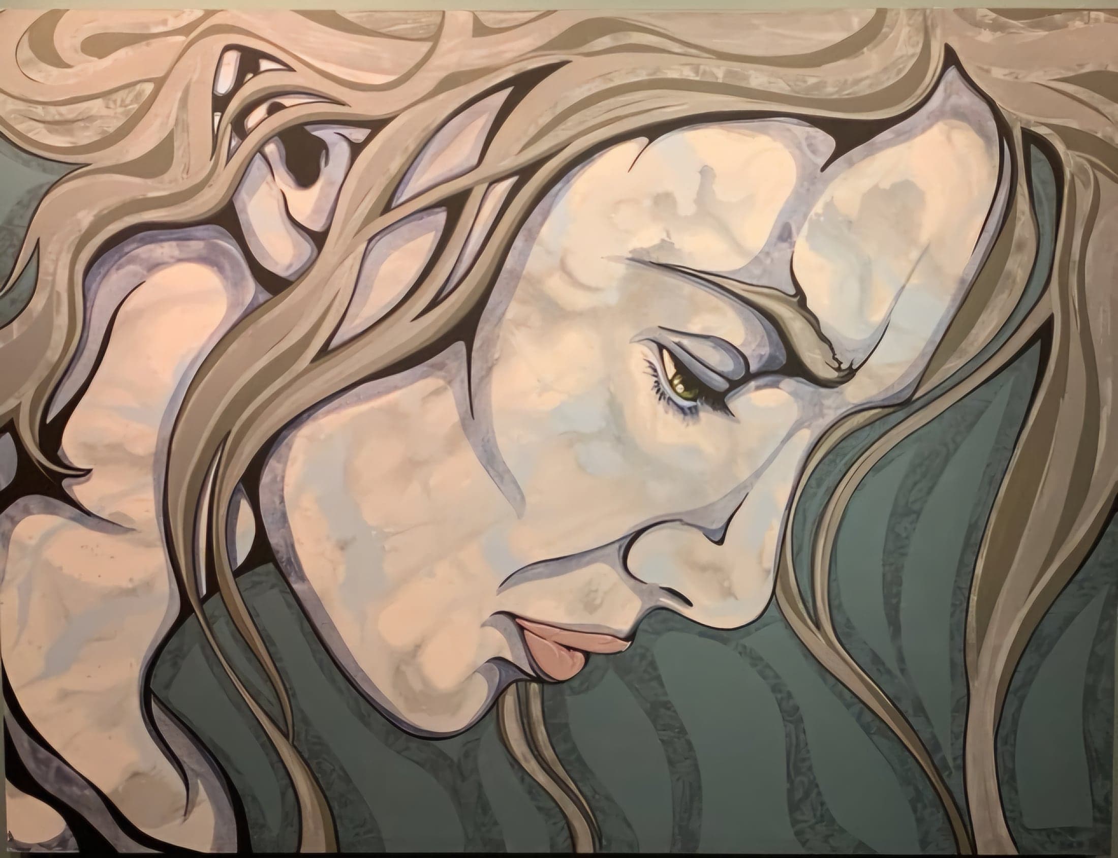 A face in profile lying back with eyes closed, painted in muted grey-green and tan, long hair flowing across the canvas.