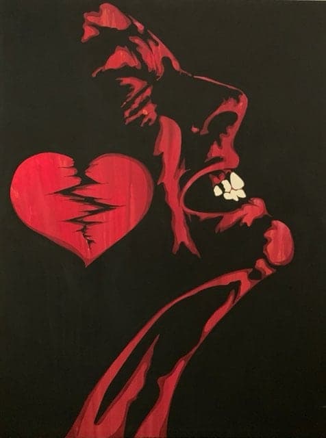 A figure in red rising out of a large cracked heart against a black ground.