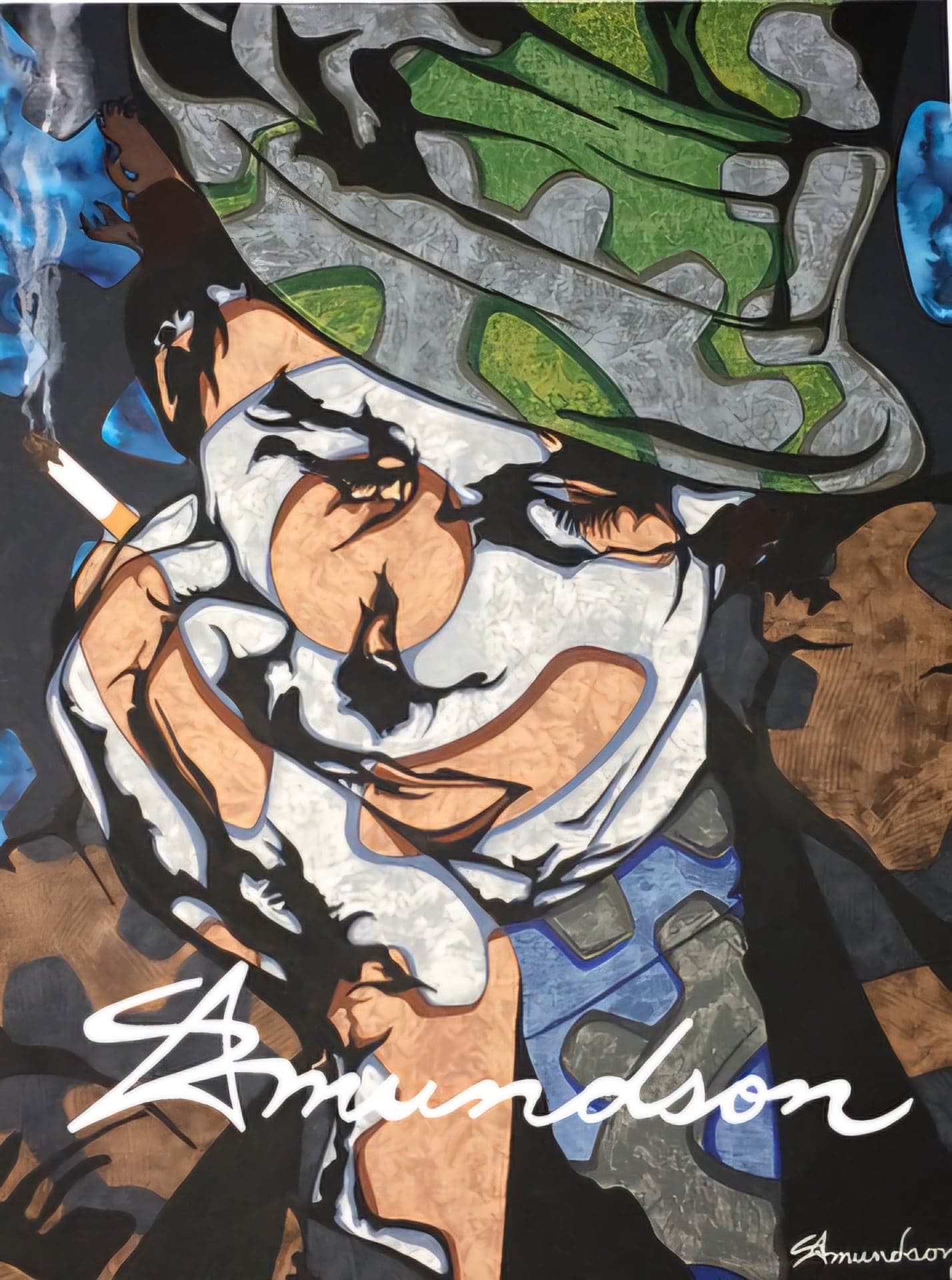 A face beneath a green and grey patterned hat on a dark blue ground, signed Amundson across the lower edge.