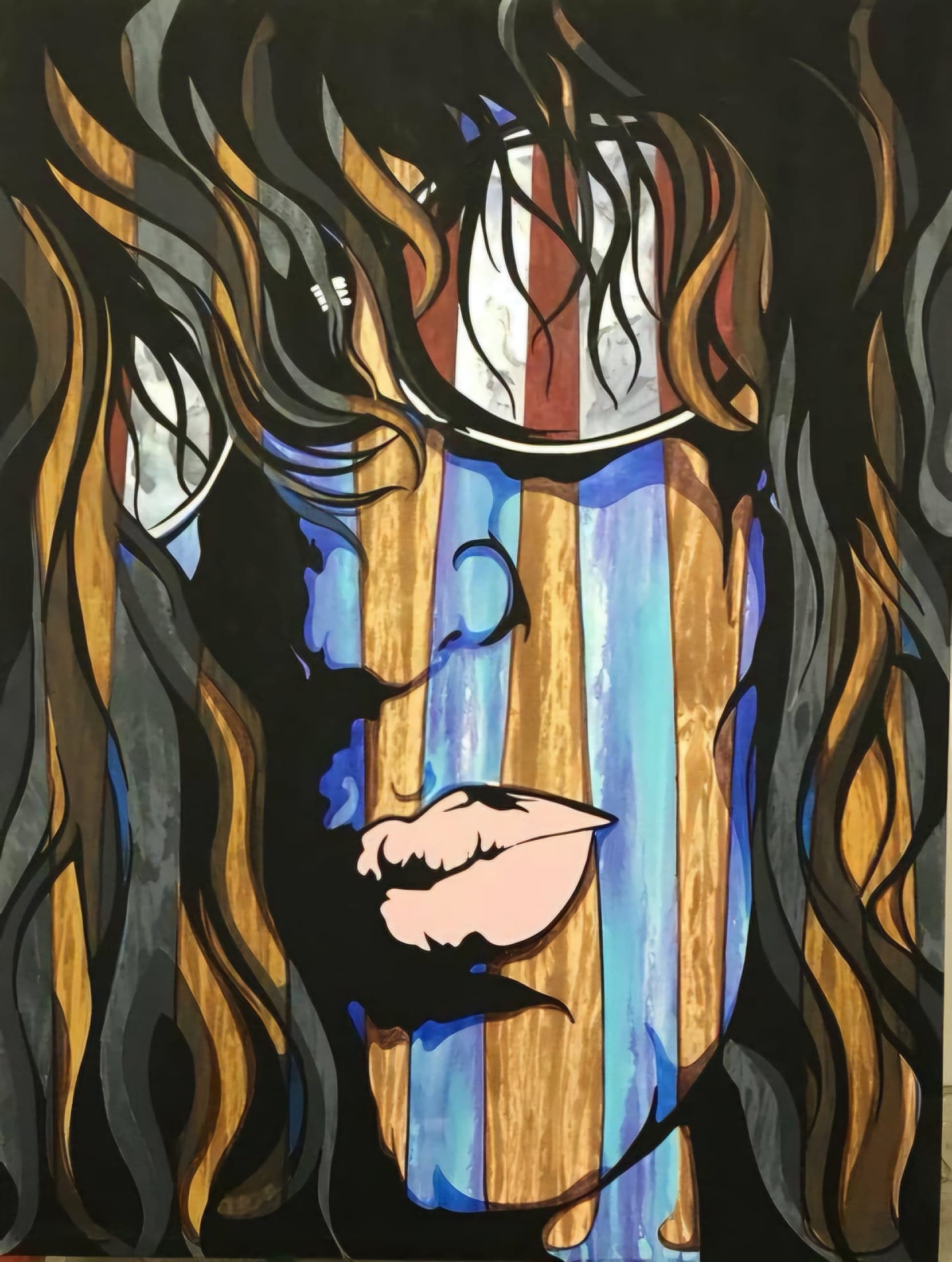 A face behind long falling hair, crossed by vertical bands of blue, cream and gold.