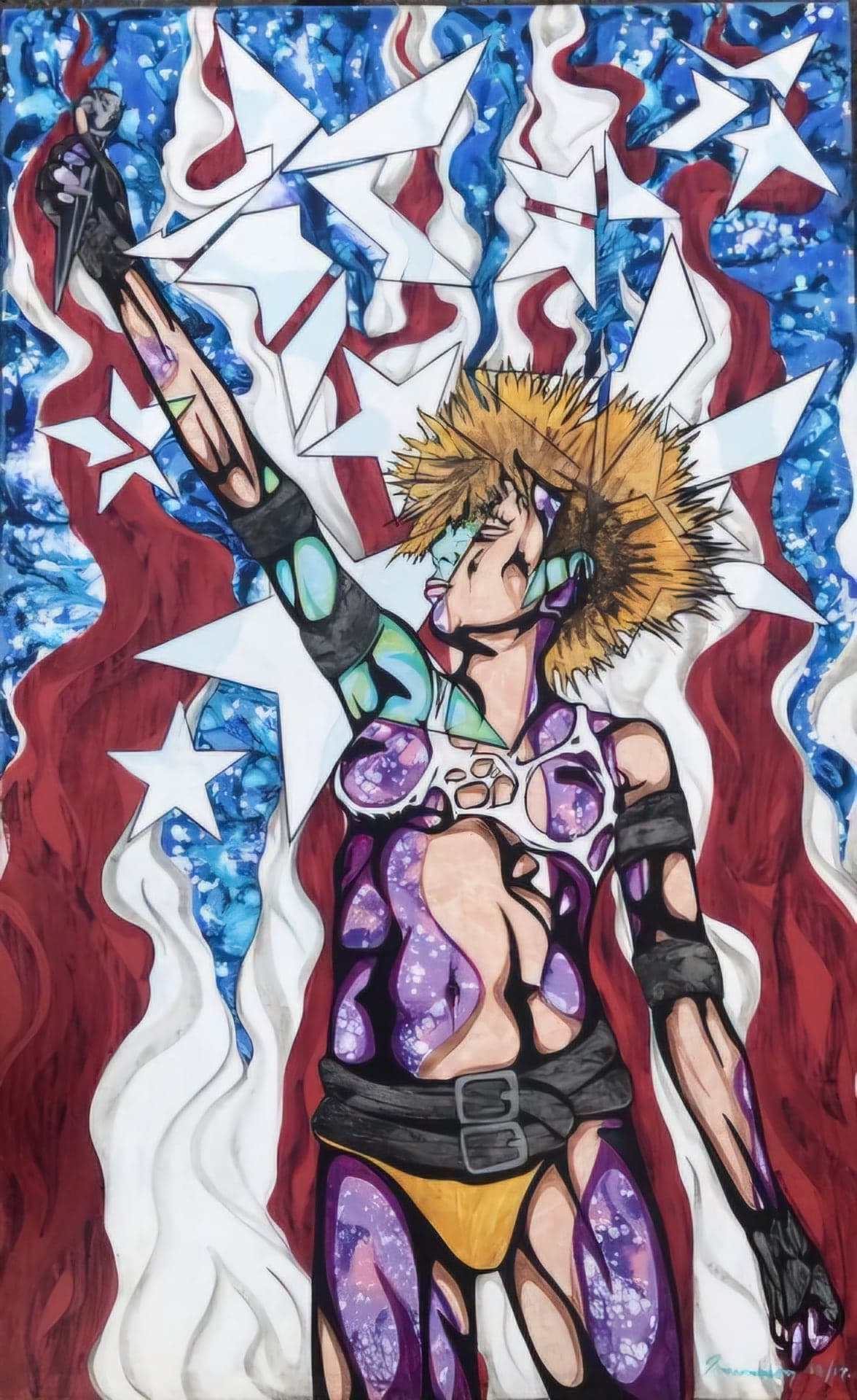 A figure with arms raised against red, white and blue stars and stripes.