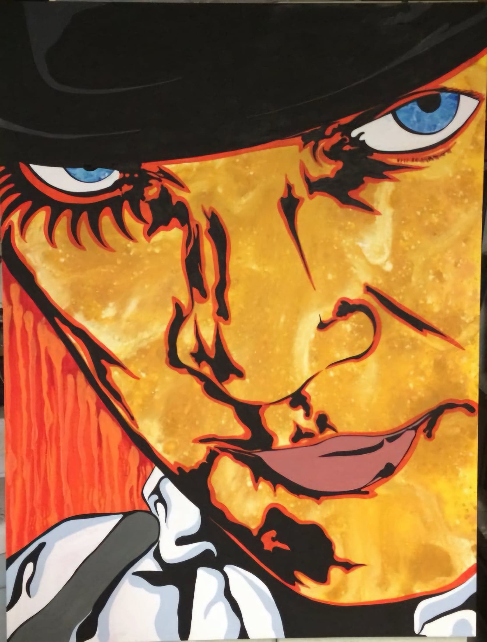 A face in orange and yellow under a black hat, one blue eye visible, against a red ground.