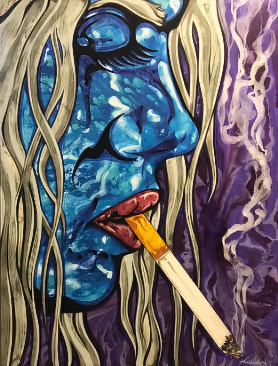 A blue face in profile drawing on a cigarette, pale strands of hair across it, on a violet ground.