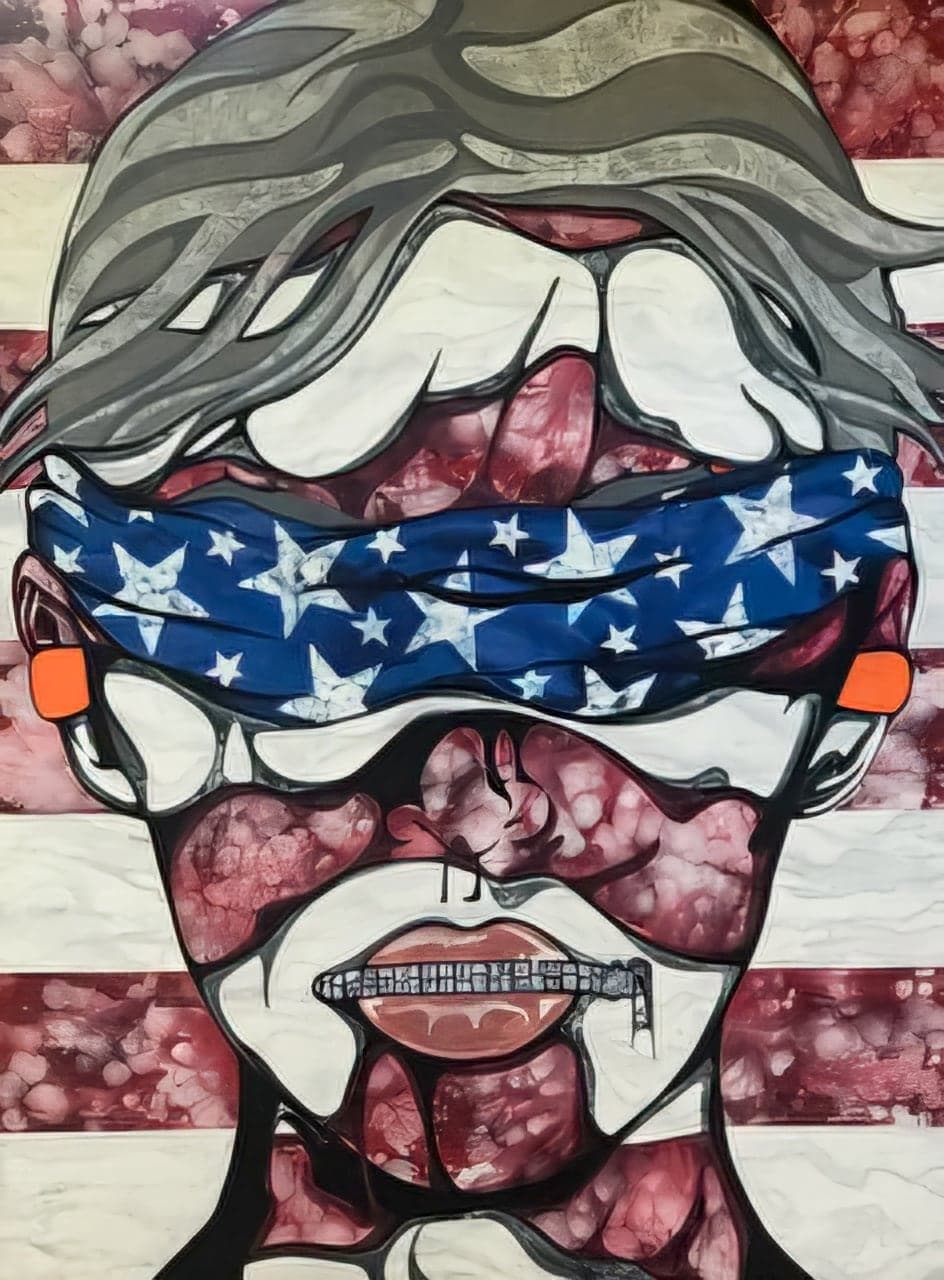 A face wearing a stars-and-stripes blindfold, mouth open, against a banded red and white ground.