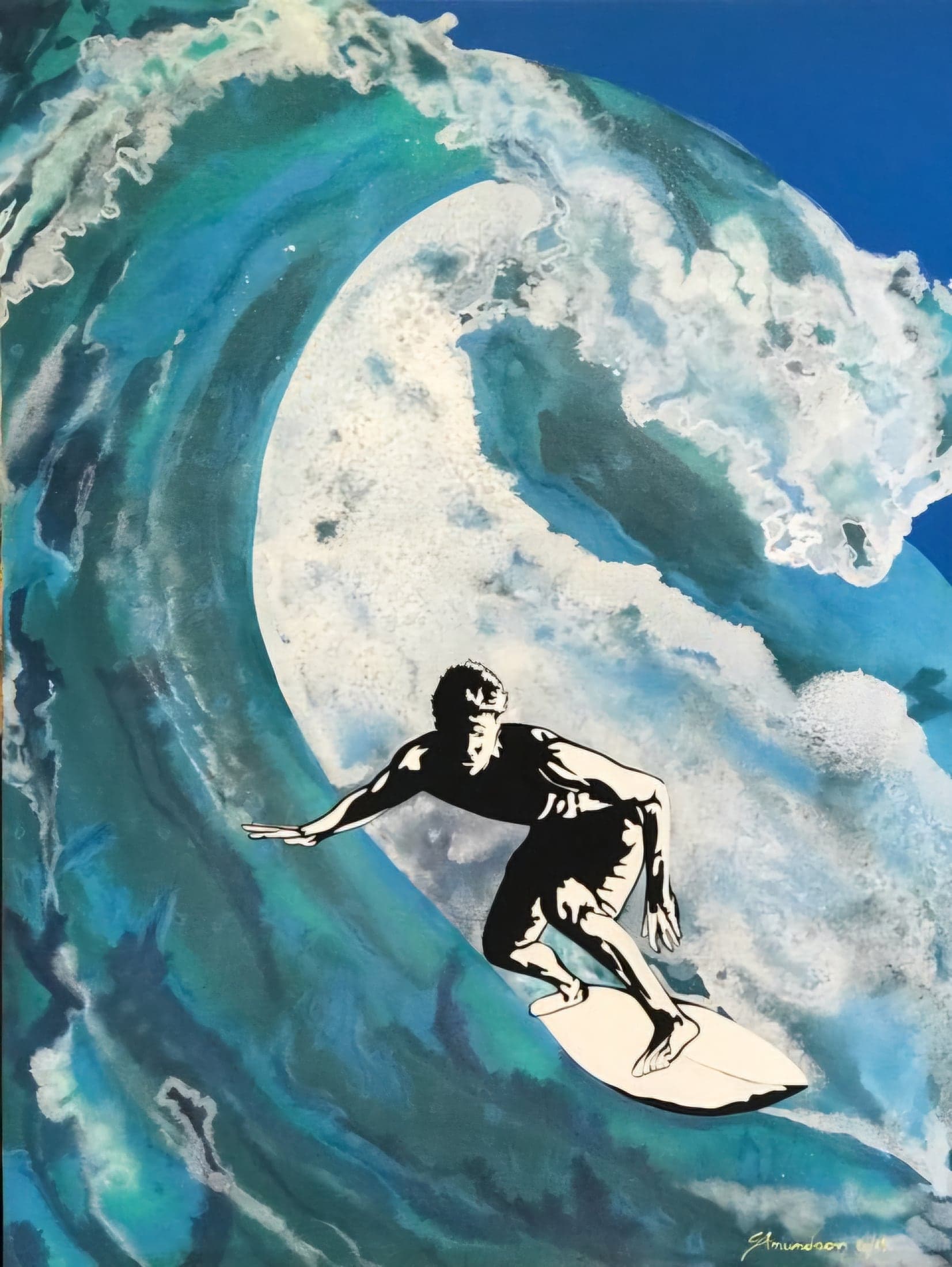 A surfer riding inside a breaking wave, painted in blues and white.